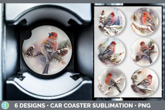 Christmas Pine Grosbeak Car Coaster Su: Festive Illustrations