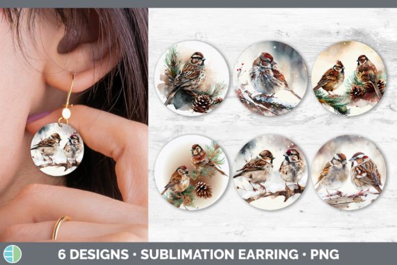 Christmas Sparrow Round Earring Sublim: Festive Illustrations