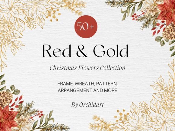 Red Gold Christmas Flowers: Premium Illustrations